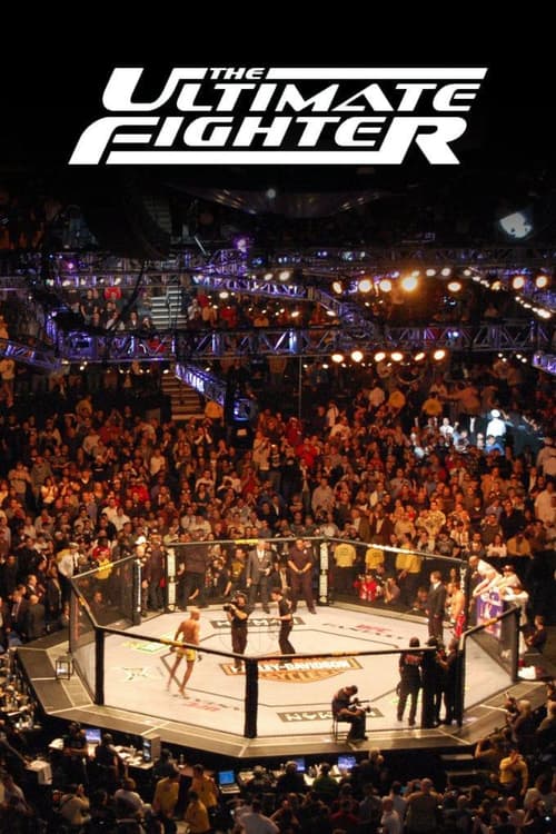 The Ultimate Fighter poster captures a vibrant, high-energy scene with a central octagon surrounded by an enthusiastic crowd. The warm, golden lighting enhances the dramatic atmosphere, while the bold white title stands out against the dark background.