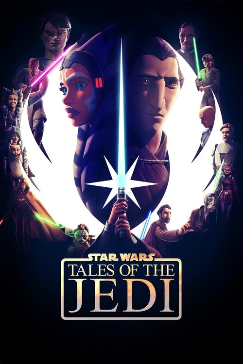 This poster features a dramatic scene with two Jedi wielding their lightsabers, surrounded by other characters in a dark, mysterious atmosphere. The bright white light from the lightsabers contrasts with the dark background, creating a sense of epic action and adventure. The title "Star Wars: Tal...