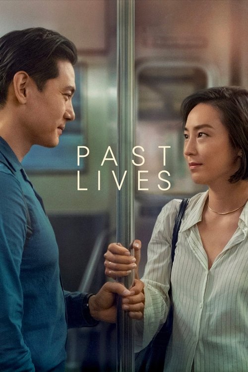 The poster features a man and woman standing side by side, holding hands, with the title "PAST LIVES" prominently displayed in the center. The man wears a blue shirt, while the woman dons a light-colored blouse. The warm lighting and soft focus create a nostalgic, intimate atmosphere.