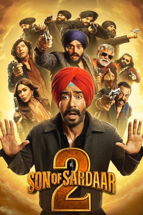 The poster features a central figure in a red turban with hands raised, surrounded by diverse characters in traditional attire. Warm golden hues and bold colors create an intense, dramatic atmosphere, suggesting a thrilling action movie.