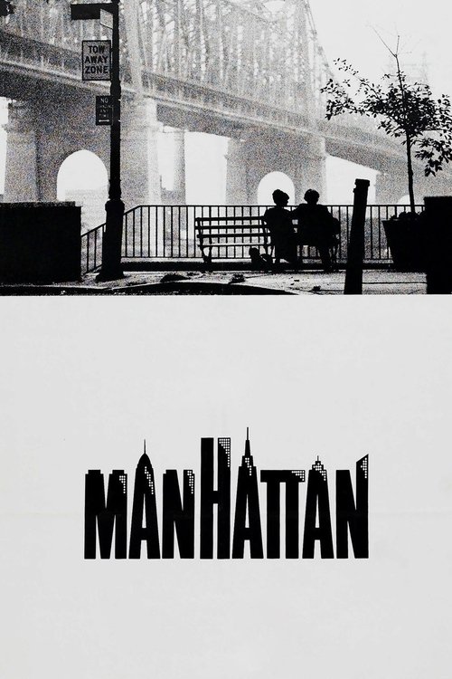 The poster features a black-and-white image of two silhouetted figures sitting on a railing overlooking a cityscape, evoking a sense of urban solitude. The title "MANHATTAN" is prominently displayed in bold, stylized lettering at the bottom, suggesting a gritty, atmospheric tone.