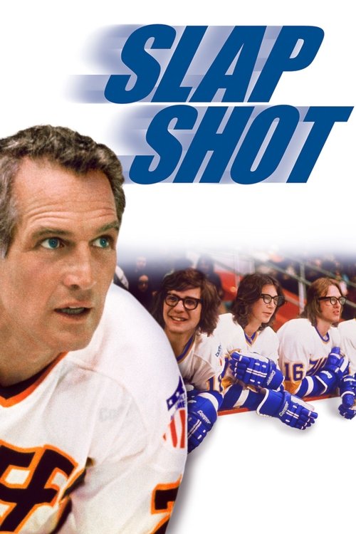 The poster features a close-up of a football player in a white jersey with orange accents, exuding intensity. Behind him, a group of players in matching uniforms celebrate enthusiastically, their faces lit up with joy and camaraderie. The bold blue text "SLAP SHOT" dominates the top, conveying a ...