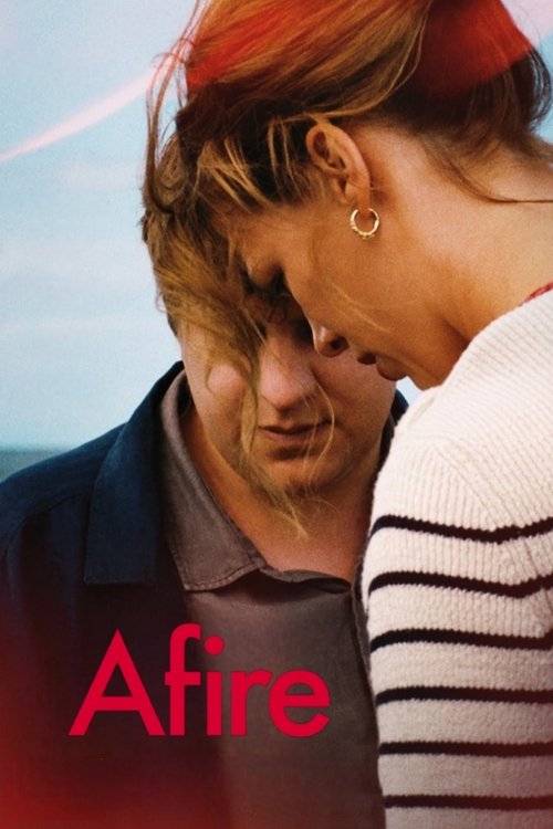 The poster features a tender, intimate moment between two people leaning in close, their faces touching in a gesture of deep connection. The warm red and soft tones evoke a sense of romance and emotional depth, while the bold red title "Afire" adds a dramatic flair.