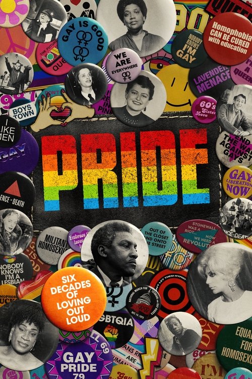 A vibrant poster featuring colorful pins and photos of diverse individuals, creating a lively and inclusive atmosphere. The rainbow text "PRIDE" stands out prominently against the busy background, symbolizing unity and celebration.