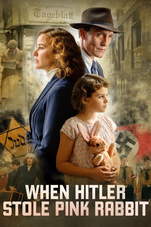 The poster features a dramatic scene with a woman in a blue dress and a man in a hat, both looking serious. A young girl in a pink dress holds a small animal, adding a touch of innocence. The background shows muted tones with Nazi symbols, creating a somber and historical atmosphere. The title "W...