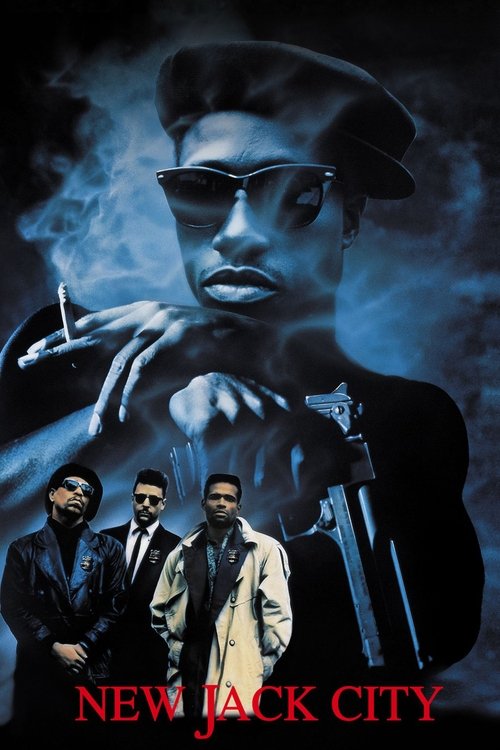 The poster features a large, shadowy figure of a man in sunglasses and a beret, with smoke swirling around him. Below, three men stand confidently, dressed in dark suits and light jackets. The title "New Jack City" glows in red at the bottom, evoking a noir atmosphere with cool blues and blacks.
