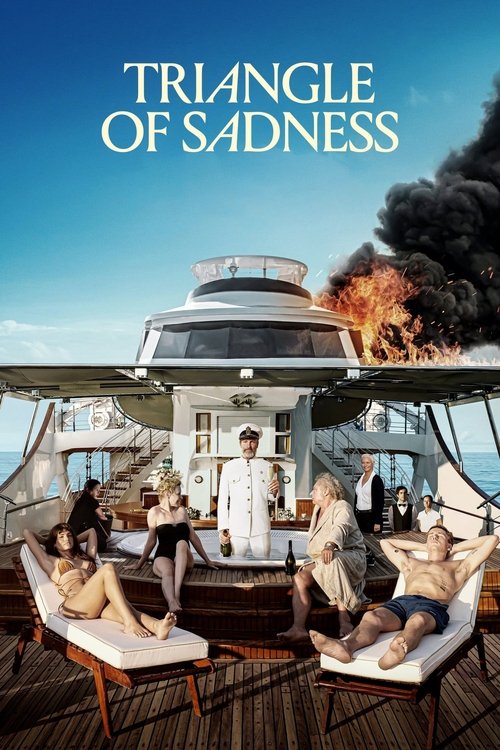 The poster features a luxurious yacht at sunset, with people relaxing on lounge chairs while a dramatic explosion erupts nearby. Warm golden hues contrast with dark smoke, evoking a mix of tranquility and intense emotion.