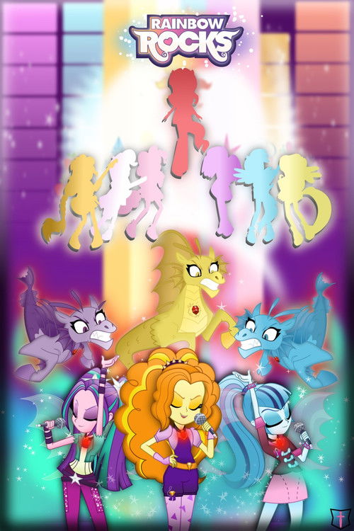 This vibrant poster features a group of colorful Equestria Girls characters standing in front of a glowing, magical backdrop. The scene exudes a cheerful and adventurous mood, with each character uniquely styled and positioned to evoke wonder and excitement. The rainbow-colored letters and bright...