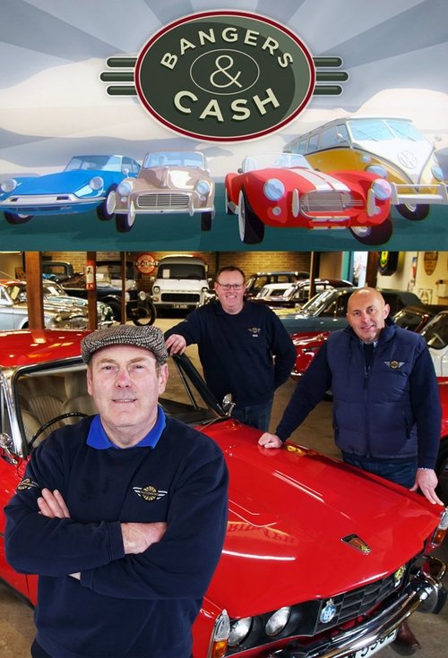 The poster features three men in navy jackets standing proudly in front of a gleaming red classic car, exuding confidence and passion. Above them, the show's logo displays "Bangers & Cash" in bold green letters against a backdrop of vintage cars, including a turquoise and red vehicle. The overall...