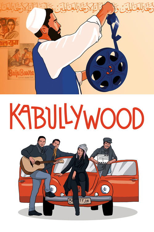 This movie poster features a vibrant illustration of a man in a white hat and blue vest holding a film reel, evoking a nostalgic cinematic vibe. Below, four men stand confidently in front of a classic red car, exuding camaraderie and adventure. The warm colors and dynamic composition suggest a st...