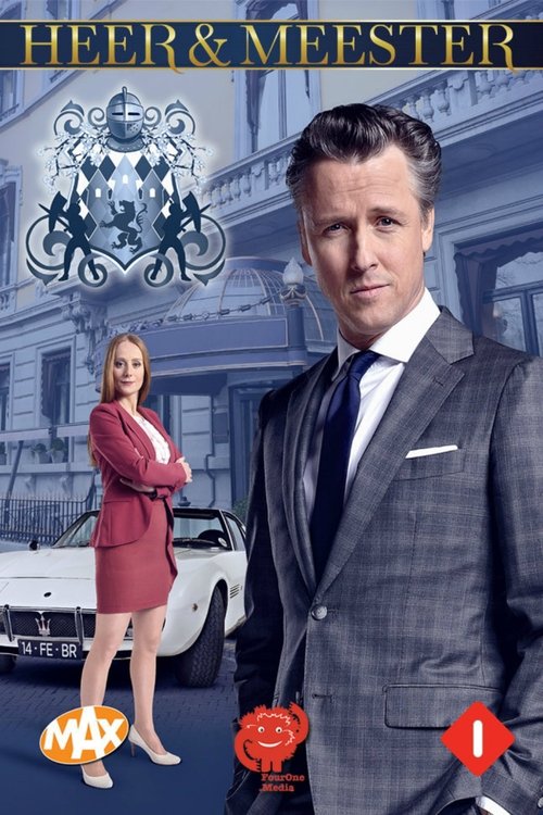 The poster features a man in a sharp suit and a woman in a red dress standing against a backdrop of a classic car and elegant buildings. The warm tones of the man's suit contrast with the cool blues of the background, creating a sophisticated and dramatic atmosphere. The title "Heer & Meester" is...