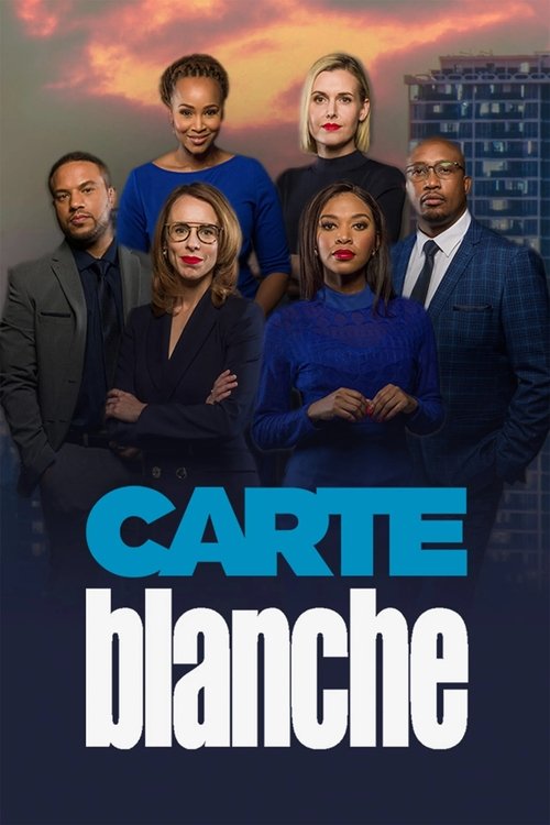 The poster features a group of six diverse characters in formal attire against a dramatic sunset backdrop. The vibrant blue tones of their outfits contrast with the warm sky, creating a professional yet stylish atmosphere. The bold typography emphasizes the show's title, suggesting a modern, poli...