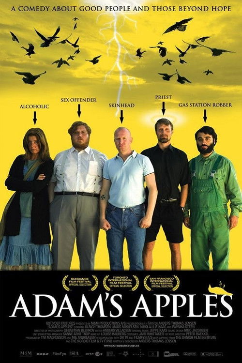 The poster features a group of five men in a yellow sky, with birds flying above. The mood is mysterious and hopeful, suggesting a blend of adventure and hope. The title "Adam's Apples" is prominently displayed at the bottom, indicating a blend of humor and heart.
