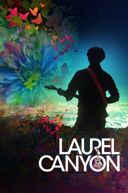 The poster features a silhouetted figure playing an acoustic guitar against a vibrant, dreamlike backdrop of colorful flowers and butterflies. The serene, ethereal mood is enhanced by the deep blue sky and warm glowing colors, evoking a sense of peace and wonder.