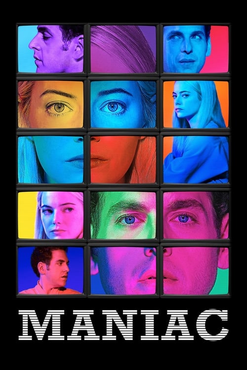 The poster features a grid of faces, each bathed in vibrant, contrasting colors like neon blues, purples, and greens. The mood is intense and mysterious, evoking themes of obsession and psychological depth. The title "MANIAC" anchors the composition, suggesting a narrative centered around extreme...