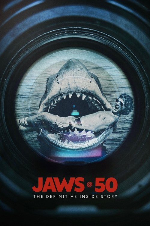 The poster features a shark's eye view, with dark blue and black tones creating a mysterious atmosphere. The title "JAWS @ 50" is prominently displayed in red, with the subtitle "The Definitive Inside Story" in white. The image evokes suspense and intrigue, suggesting a thrilling narrative about ...