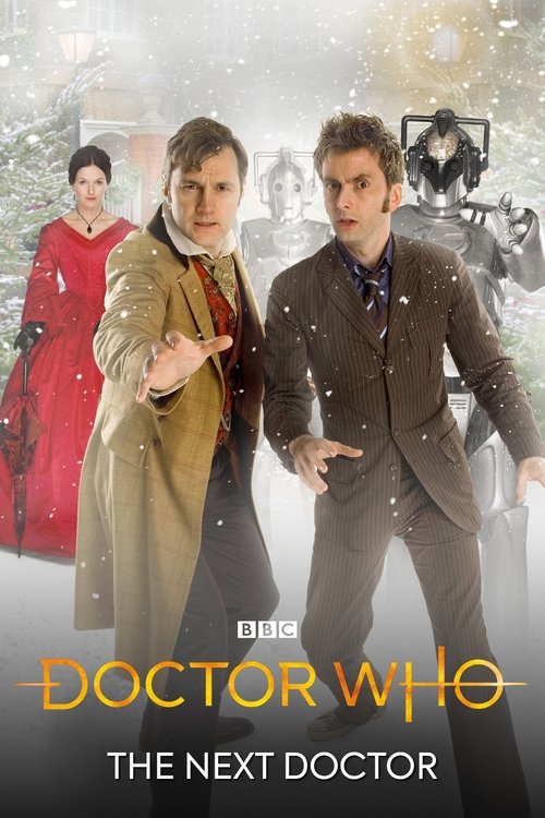 The poster features three characters in a snowy, magical setting. The central figure, the "Next Doctor," wears a brown suit and gestures confidently. To his left, a woman in a red dress stands with a concerned expression. To his right, a man in a green coat looks on with a serious demeanor. The b...