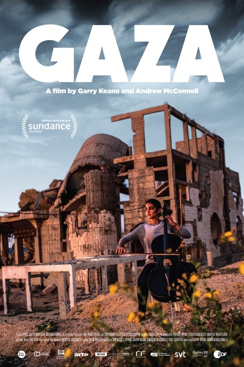 The poster features a man sitting on a wooden fence in Gaza, surrounded by crumbling ruins and ancient structures. The muted earth tones and desolate landscape evoke a somber mood, reflecting the region's historical and ongoing conflict.