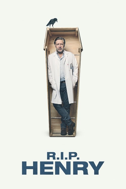The poster features a man standing inside an open coffin, with a crow perched atop the lid. The coffin is filled with a white coat, symbolizing his death. The background is a soft, neutral beige, emphasizing the solemnity of the scene. The title "R.I.P. HENRY" appears at the bottom in bold, dark ...