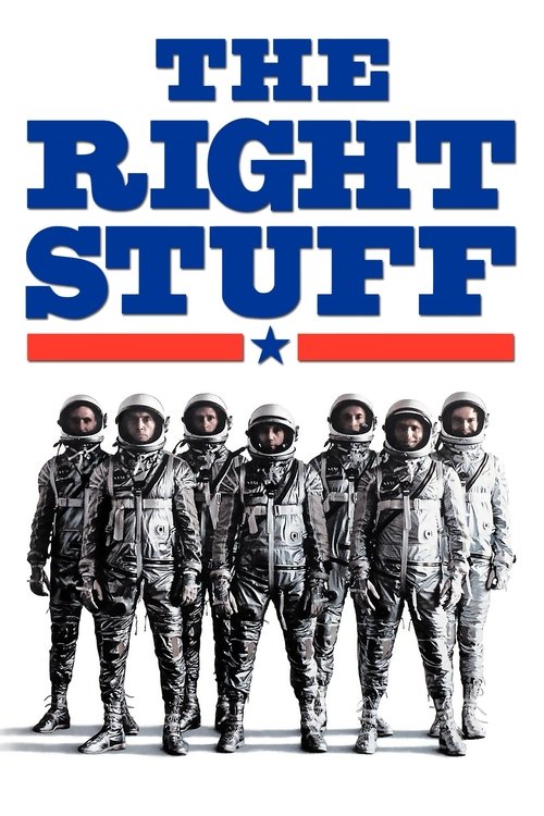 The poster features six astronauts in matching spacesuits standing in a line, exuding a sense of camaraderie and adventure. Bold blue text with a red stripe and star adds a patriotic flair, while the monochrome image contrasts sharply with the vibrant colors. The mood is one of excitement and nat...