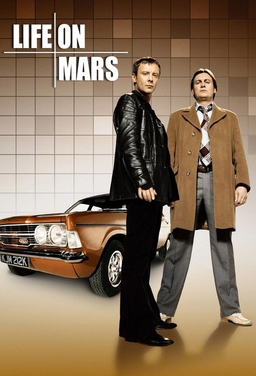 The poster features two men standing against a warm, golden background with a classic car behind them. The man on the left wears a black leather jacket, while the man on the right sports a tan coat over a striped shirt. The mood is adventurous yet slightly melancholic, suggesting a journey throug...
