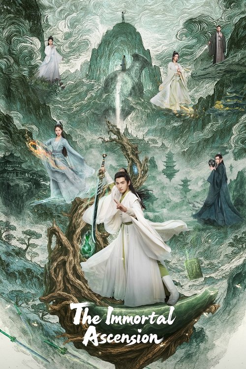 The poster features a mystical scene with a central figure in flowing white robes standing atop a gnarled tree, surrounded by ethereal figures in various colors—pastel blues, soft pinks, and deep greens—floating in misty, swirling landscapes. The mood is serene yet magical, with a sense of ancien...
