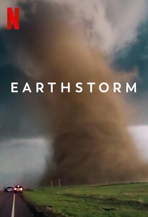 The poster features a dramatic tornado swirling over a rural landscape, with a lone car driving away in the distance. The earthy tones of brown and green contrast against the dark, ominous sky, evoking a sense of impending danger and natural power.