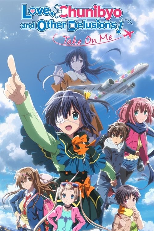 The vibrant poster features a dynamic scene with multiple characters in colorful outfits, including a girl in a green jacket pointing upward and others in various poses. The background showcases a bright blue sky with fluffy clouds and a distant airplane, creating a lively and energetic atmospher...