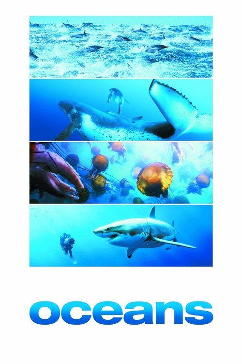 The poster features a vibrant underwater scene with colorful fish and marine life, evoking a sense of wonder and exploration. A small figure swims gracefully among the vibrant colors, while the title "oceans" appears in bold blue letters at the bottom. The overall mood is one of tranquility and d...