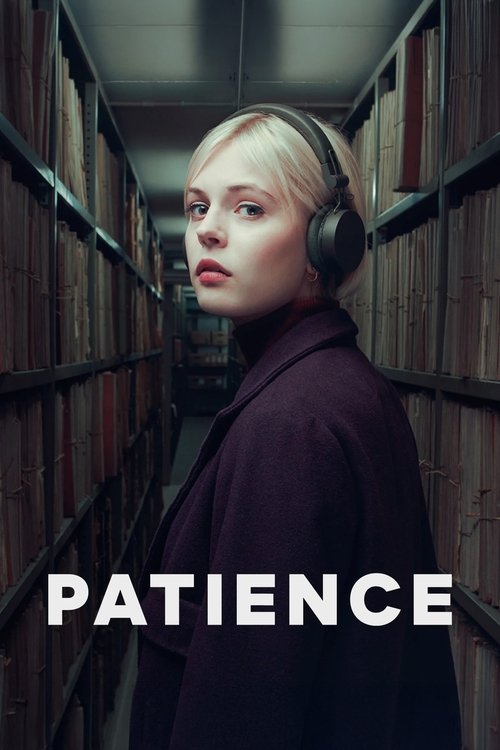 A woman with headphones stands in a dimly lit library aisle, surrounded by towering bookshelves. Her pale skin and intense gaze convey a sense of quiet determination. The dark purple tones of her coat and the muted lighting create an atmosphere of introspection and quiet resolve.