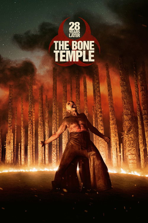 The poster features a skeletal figure in a dark forest, surrounded by flames and smoke. The title "28 Years Later: The Bone Temple" is prominently displayed in bold red letters. The overall mood is eerie and ominous, evoking a sense of dread and mystery.