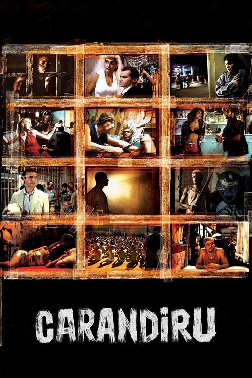 The poster features a grid of small, evocative images depicting diverse scenes—social gatherings, intimate moments, and urban settings—set against a warm, golden backdrop. The title "CARANDIRU" appears boldly at the bottom, suggesting themes of identity, heritage, and cultural depth. The overall ...