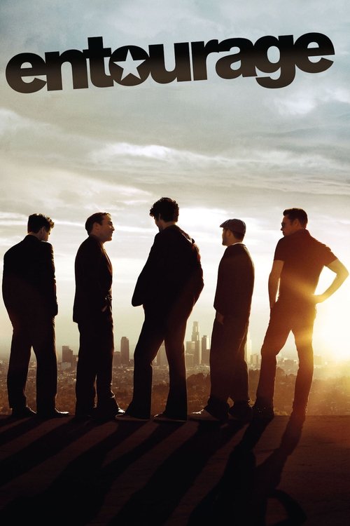 The poster features six silhouetted men in suits standing against a vibrant sunset sky, casting long shadows across the rooftop. The bold, stylized title "entourage" dominates the top, evoking a sense of camaraderie and urban drama. The warm tones of the sunset contrast with the dark silhouettes,...