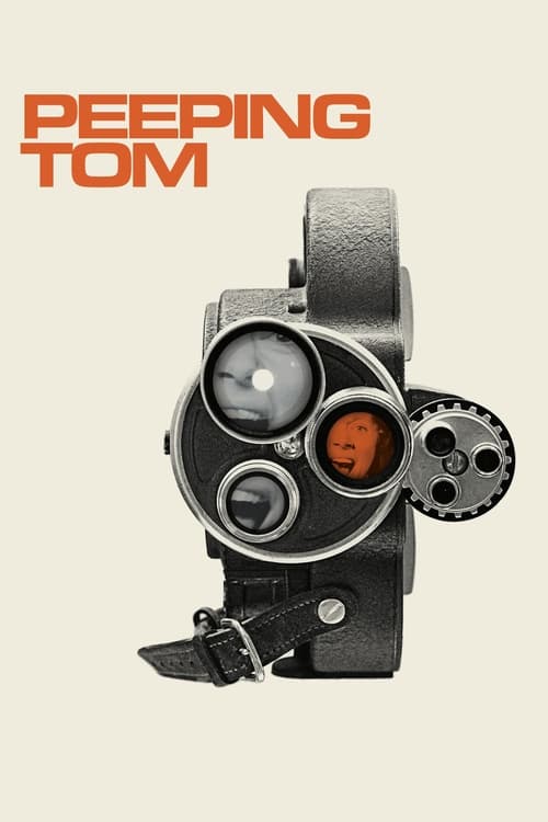 The poster features a vintage film camera against a beige background, evoking the noir aesthetic of "Peeping Tom." The muted tones and shadowy figure suggest a mysterious, suspenseful mood, while the bold orange title adds a striking contrast.