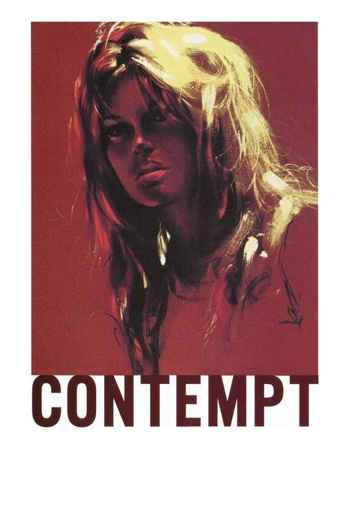 The poster features a striking portrait of a woman with long, wavy blonde hair against a deep red background. The bold, dark text "CONTEMPT" anchors the bottom of the image, evoking a sense of intrigue and mystery.