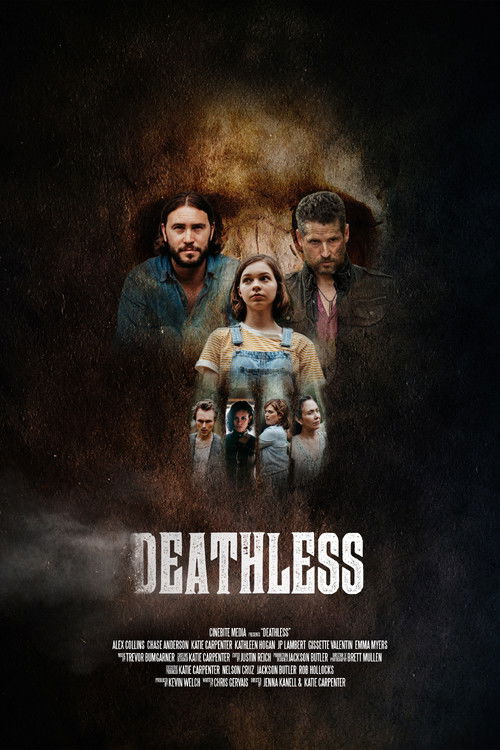 The poster features a group of six characters against a dark, smoky background, evoking a sense of mystery and impending doom. The muted tones of brown, black, and gray create an ominous atmosphere, while the title "DEATHLESS" in bold, distressed white letters reinforces the horror theme.