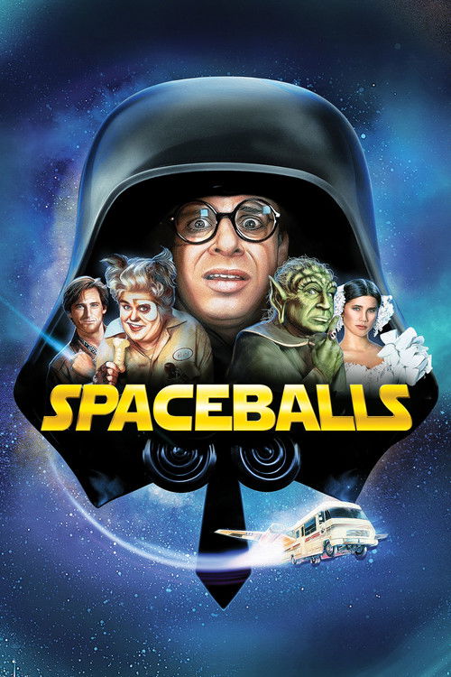 The poster features a central astronaut in a helmet with a confident smile, surrounded by cast members in colorful outfits. The vibrant blue and purple space background creates a dynamic, adventurous atmosphere. The bold yellow title "SPACEBALLS" stands out against the cosmic backdrop, emphasizin...