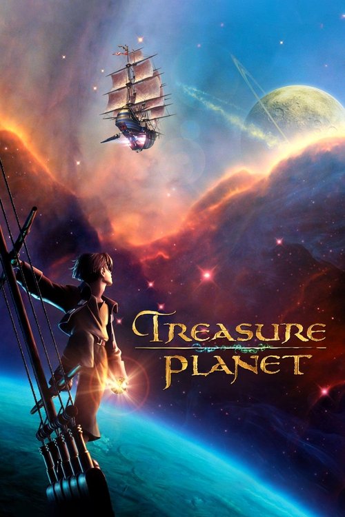 The poster features a lone astronaut in a space suit standing on a ship against a vibrant cosmic backdrop. The scene is filled with swirling nebulae, glowing stars, and a distant planet, creating a sense of wonder and adventure. The title "Treasure Planet" glows in warm tones, emphasizing the fil...