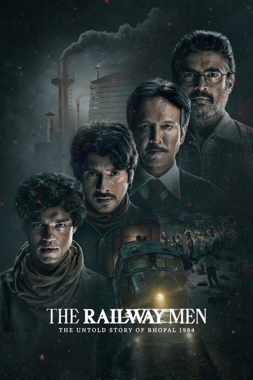 The poster features four men in formal attire against a dark, moody backdrop of a railway station at night. The muted tones of black and gray create a somber, mysterious atmosphere. The title "The Railway Men" is prominently displayed at the bottom, emphasizing the historical significance of the ...