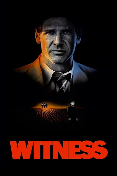 The poster features a shadowy, intense portrait of a man in a suit against a dark background, with a spotlight illuminating his face and a faint silhouette of a car below. The bold red title "WITNESS" dominates the bottom, evoking mystery and suspense.