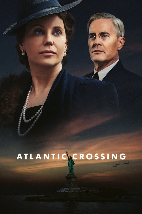 The poster features a woman in a dark hat and pearls, with a man in a suit behind her, evoking a classic drama. The warm sunset hues and dramatic lighting create an atmosphere of mystery and intrigue.