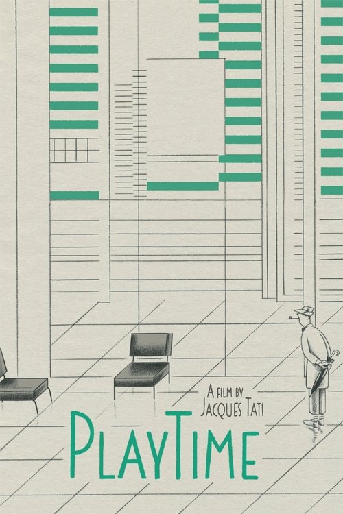 The poster features a minimalist interior scene with a lone figure standing in a grid-like room, evoking a sense of quiet contemplation. The muted green and white color palette creates a calm, almost clinical atmosphere, while the bold typography "PLAYTIME" anchors the composition with a modern, ...