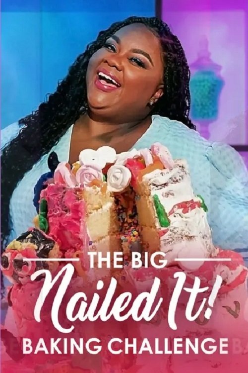 The poster features a smiling woman with long dark hair, radiating joy and excitement. She holds a large, colorful cake, symbolizing the baking challenge. The vibrant background with pink and purple hues adds a lively atmosphere, emphasizing the fun and creativity of the event.