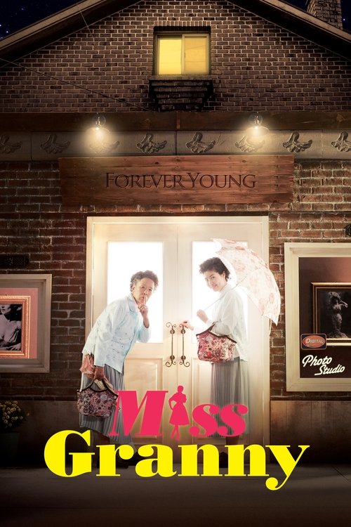 The poster features a charming, warmly lit storefront scene with two women in period attire, one holding a lantern and the other a purse. The warm glow from the window and lanterns creates a cozy, nostalgic atmosphere. The title "Miss Granny" is prominently displayed in bold, playful lettering, e...