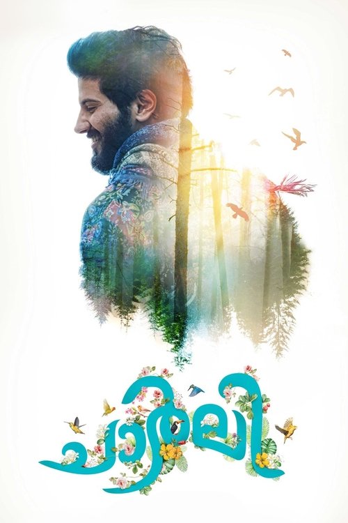 The poster features a serene, dreamlike portrait of a man with a beard, surrounded by lush greenery and birds in soft, ethereal colors. The title "Charlie" glows in vibrant turquoise against the tranquil background, evoking a sense of peace and natural beauty.