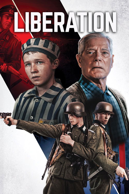 The poster features a gritty, realistic depiction of World War II-era soldiers in uniform, with a central figure in a striped shirt pointing forward. The background is split between red and white, evoking a sense of urgency and historical drama. The title "LIBERATION" is prominently displayed at ...
