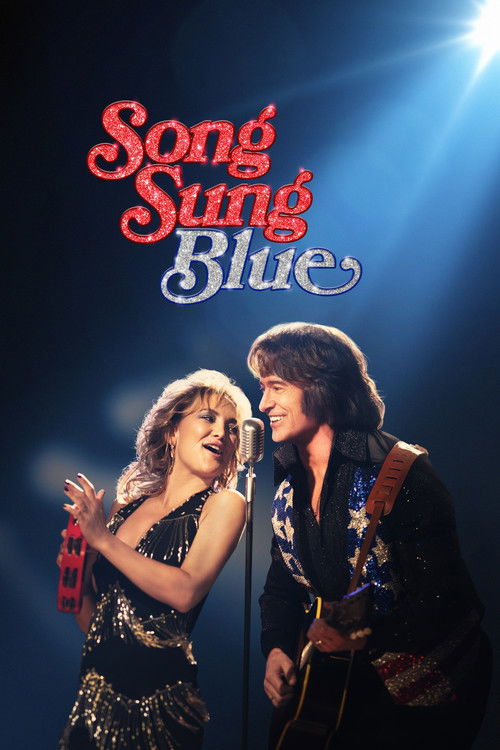 This movie poster features a glamorous couple in a romantic embrace against a dark, starlit background. The title "Song Sung Blue" is elegantly displayed in red and blue script. The mood is romantic and dreamy, capturing the essence of a classic musical film.