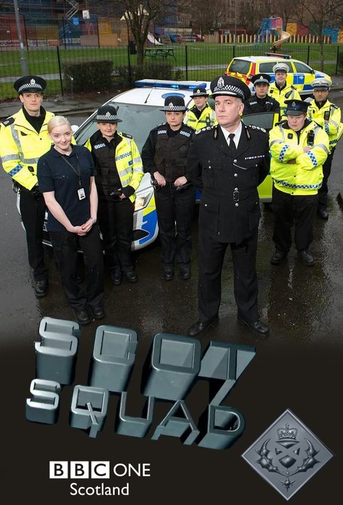 The poster features a group of police officers in high-visibility yellow vests and dark uniforms, standing on a wet, rainy day. The scene conveys a serious and authoritative mood, with the title "SCOT SQUAD" prominently displayed in bold, metallic letters. The BBC One Scotland logo is visible at ...