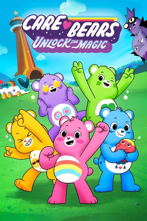 The Care Bears poster features six colorful characters in a cheerful, magical setting. Bright green grass, a blue sky with clouds, and a whimsical tower in the background enhance the playful and enchanting mood. The characters are depicted in vibrant hues—pink, purple, green, yellow, and blue—sym...