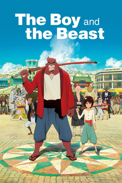 The vibrant poster features a muscular man in a red coat and blue pants holding a sword, standing before a bustling cityscape. A young boy with a backpack watches him with curiosity. The scene is set in a sunny day with colorful buildings and lively crowds, creating an adventurous and humorous at...